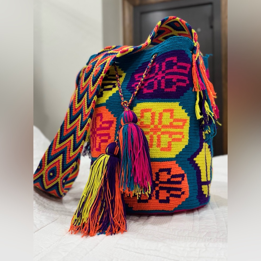 Vibrant Pink and Orange Shoulder Bag with Geometric Patterns